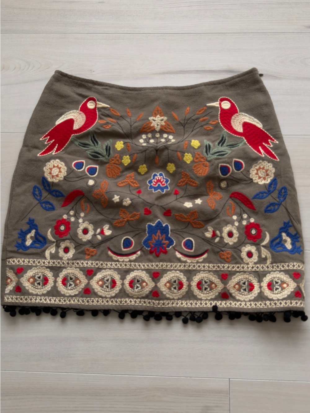 Altar'd State Taupe Mini Skirt with Red Bird Embroidery